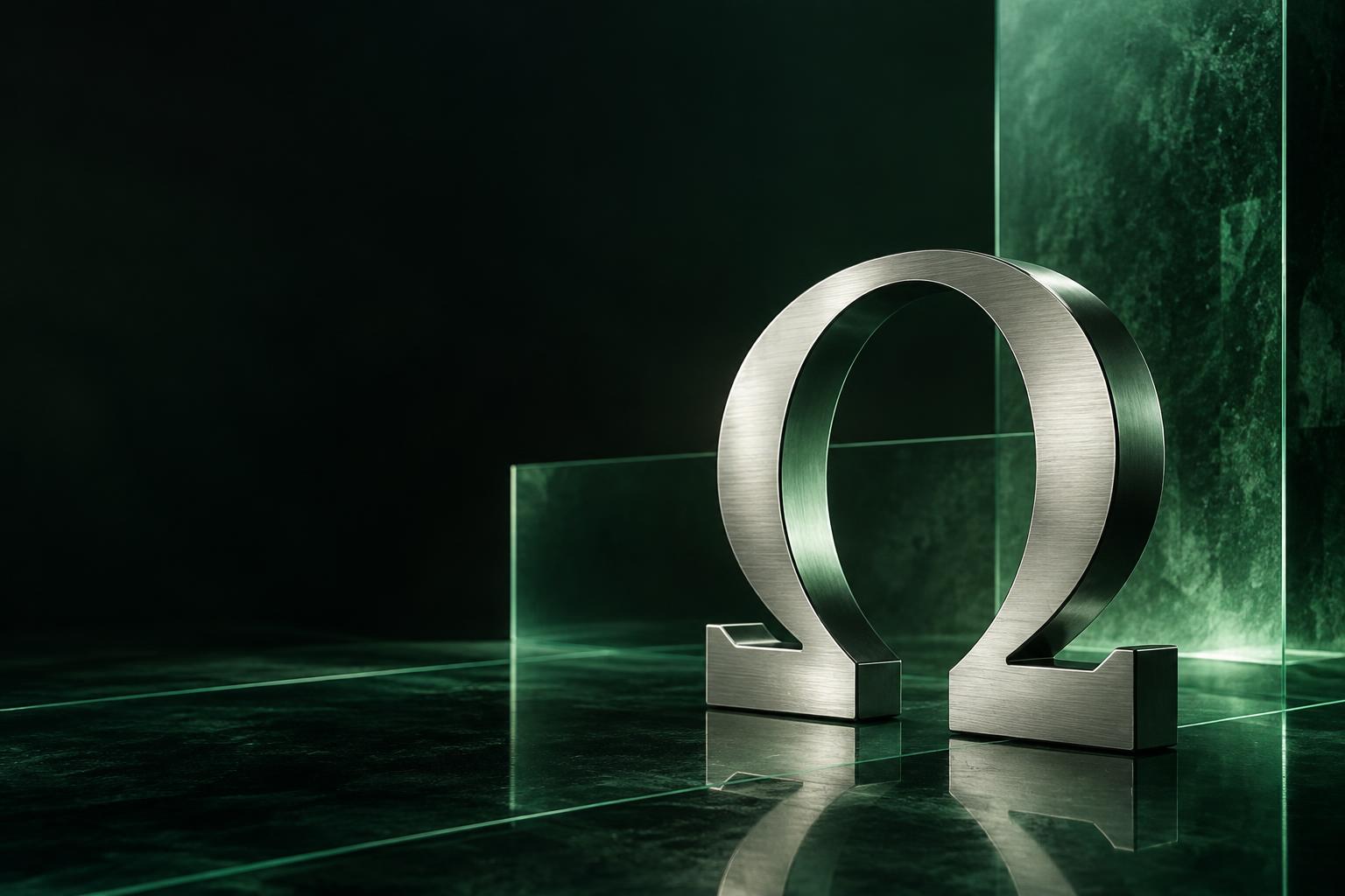 Símbolo Omega em prata e vidro verde